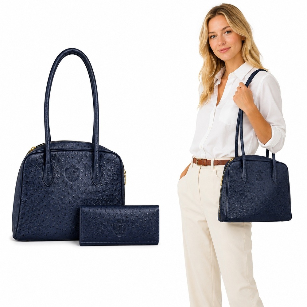 Renouard Paris Bag Womens Navy Blue Ostrich Embossed Leather Shoulder Bag Wallet